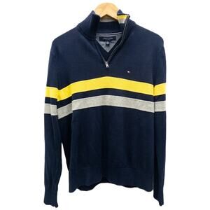 Vintage Tommy Hilfiger Men's Quarter Zip Sweater Navy Blue Yellow Stripe Medium